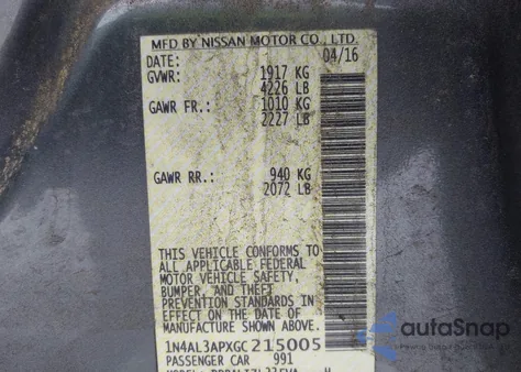 2016 Nissan Altima 2.5 Sv из США, поврежденный, VIN 1N4AL3APXGC215005